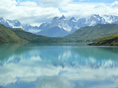 Reflections of los cuernos torres del paine. Photo by Rick Taylor. Copyright Borderland Tours. All rights reserved.